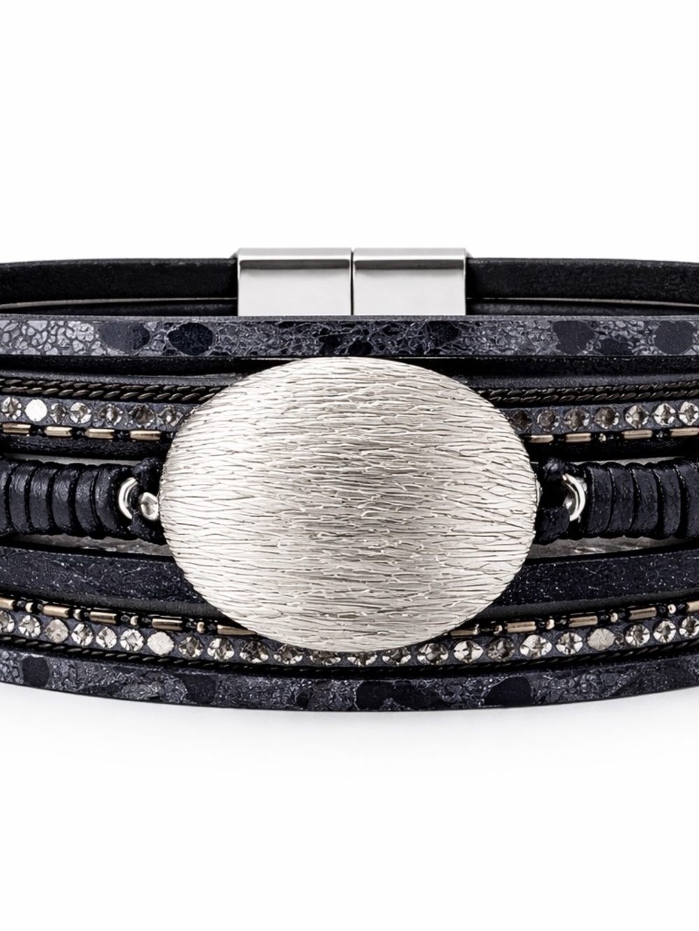 Saachi Multi Strand Leather Magnetic Wrap Bracelet NIB Black Silver - Picture 3 of 3